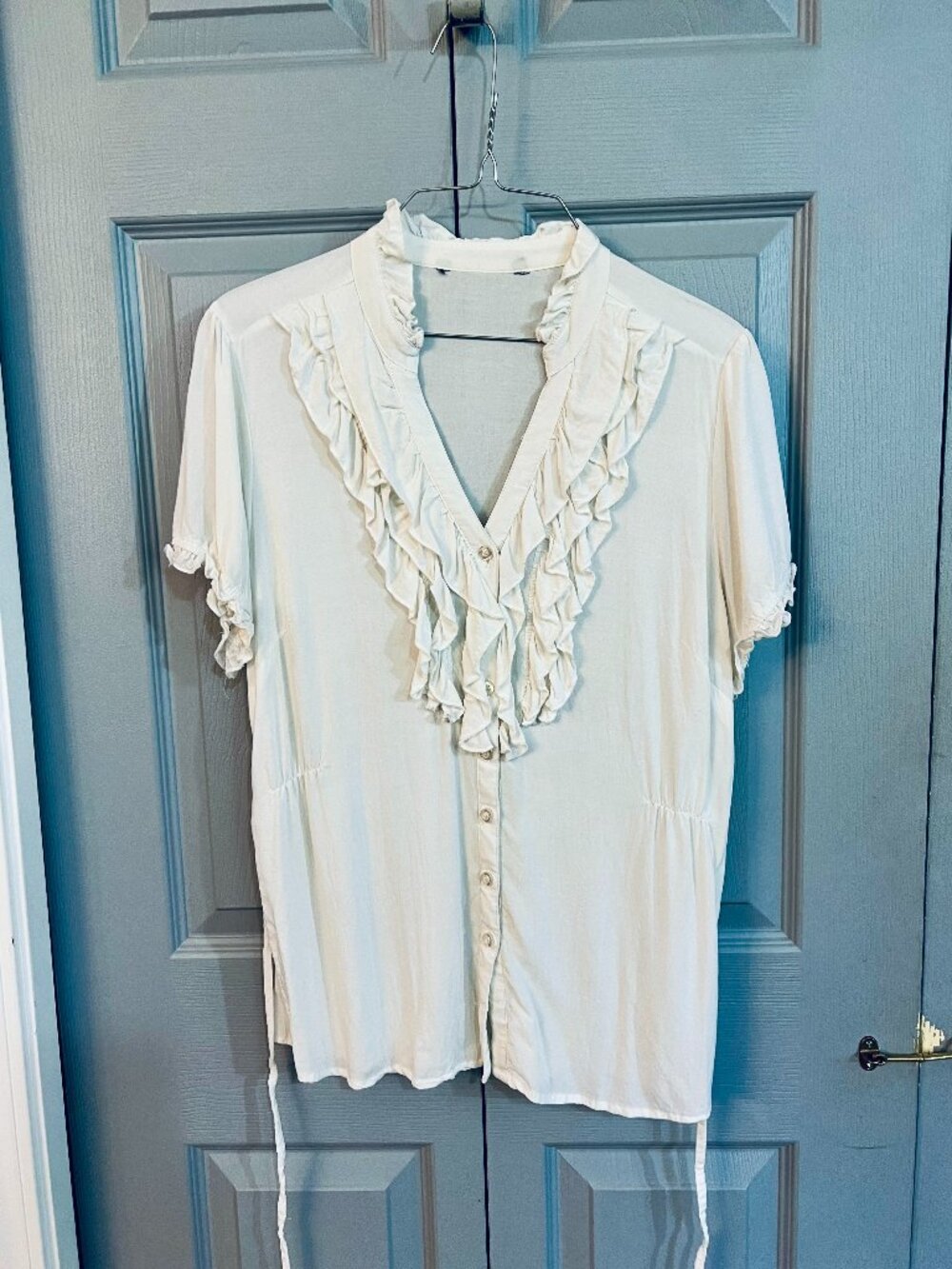 White Ruffled Button-up Top Short Sleeve
